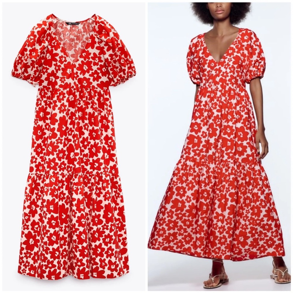 Zara Red and White Floral Maxi Dress